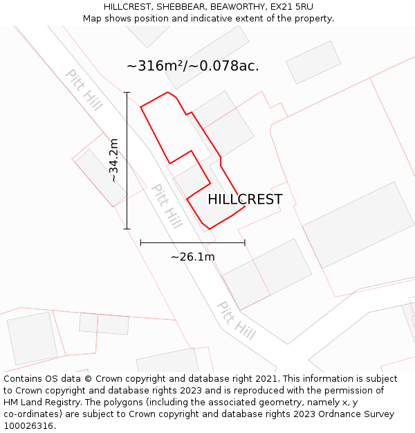 HILLCREST, SHEBBEAR, BEAWORTHY, EX21 5RU: Plot and title map