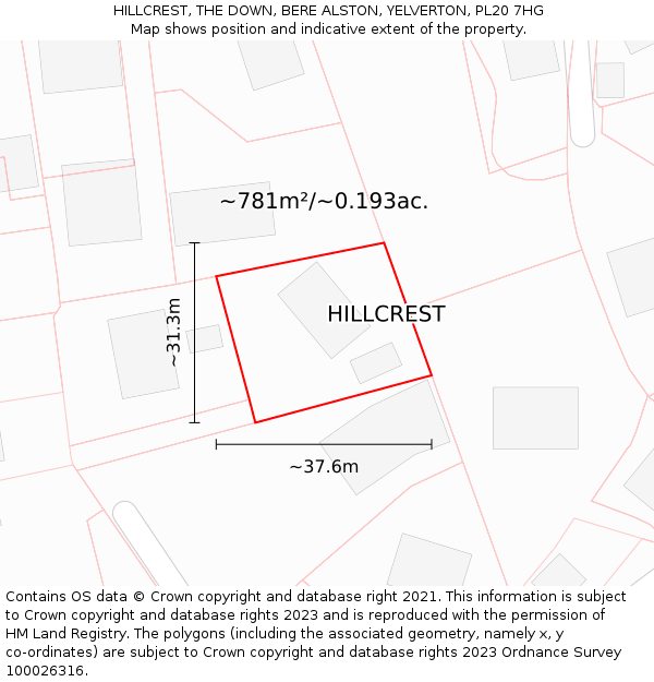 HILLCREST, THE DOWN, BERE ALSTON, YELVERTON, PL20 7HG: Plot and title map