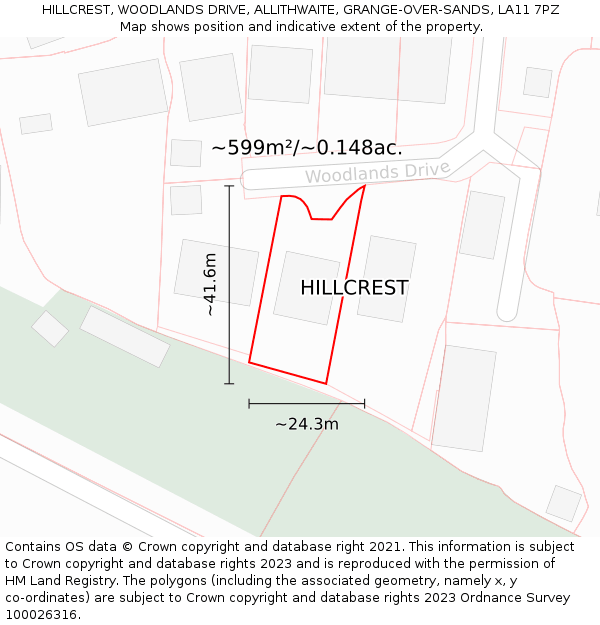 HILLCREST, WOODLANDS DRIVE, ALLITHWAITE, GRANGE-OVER-SANDS, LA11 7PZ: Plot and title map