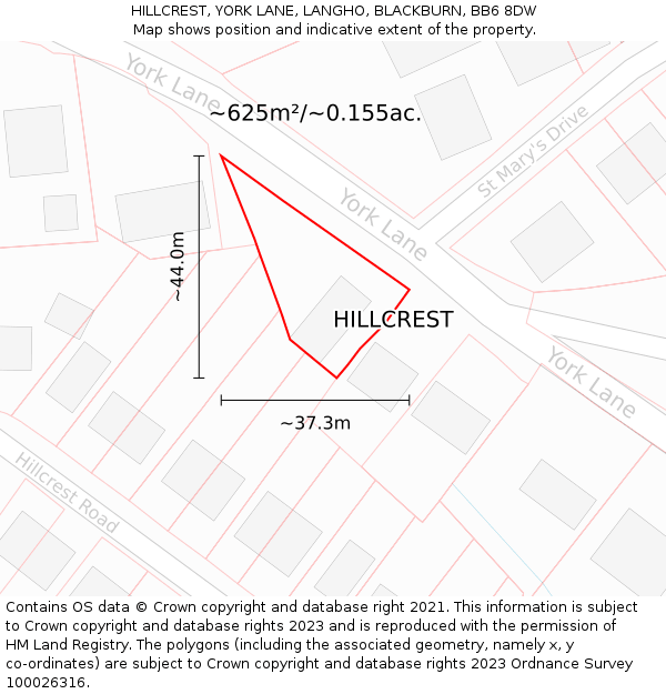 HILLCREST, YORK LANE, LANGHO, BLACKBURN, BB6 8DW: Plot and title map