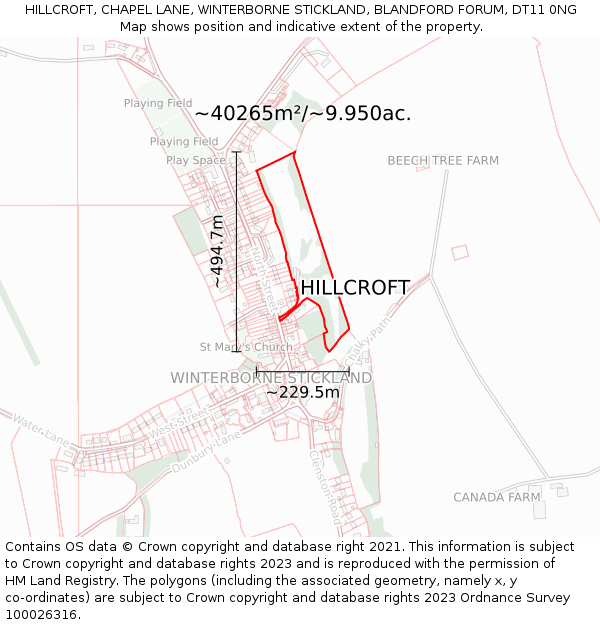 HILLCROFT, CHAPEL LANE, WINTERBORNE STICKLAND, BLANDFORD FORUM, DT11 0NG: Plot and title map