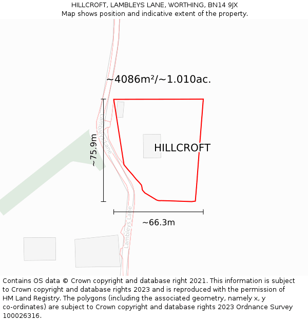 HILLCROFT, LAMBLEYS LANE, WORTHING, BN14 9JX: Plot and title map
