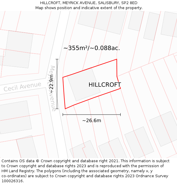 HILLCROFT, MEYRICK AVENUE, SALISBURY, SP2 8ED: Plot and title map