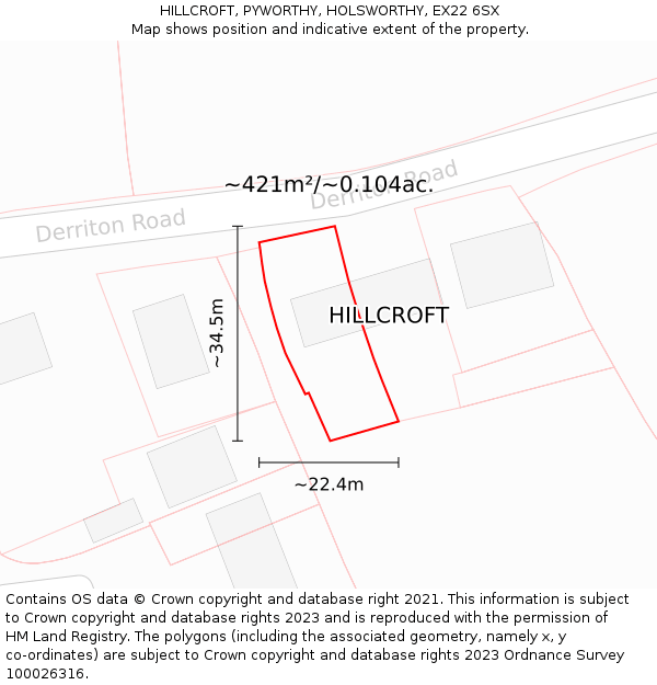 HILLCROFT, PYWORTHY, HOLSWORTHY, EX22 6SX: Plot and title map