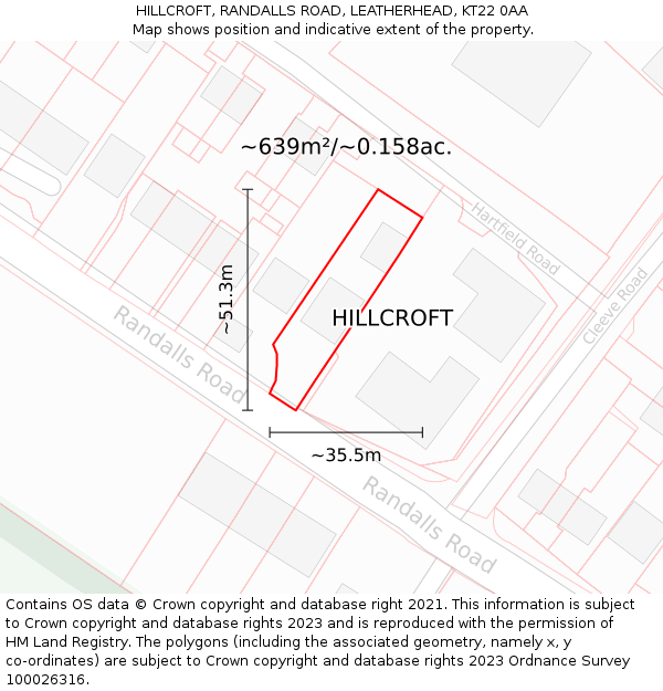 HILLCROFT, RANDALLS ROAD, LEATHERHEAD, KT22 0AA: Plot and title map