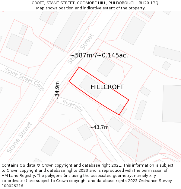 HILLCROFT, STANE STREET, CODMORE HILL, PULBOROUGH, RH20 1BQ: Plot and title map