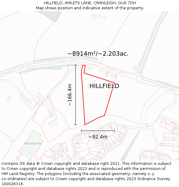 HILLFIELD, AMLETS LANE, CRANLEIGH, GU6 7DH: Plot and title map
