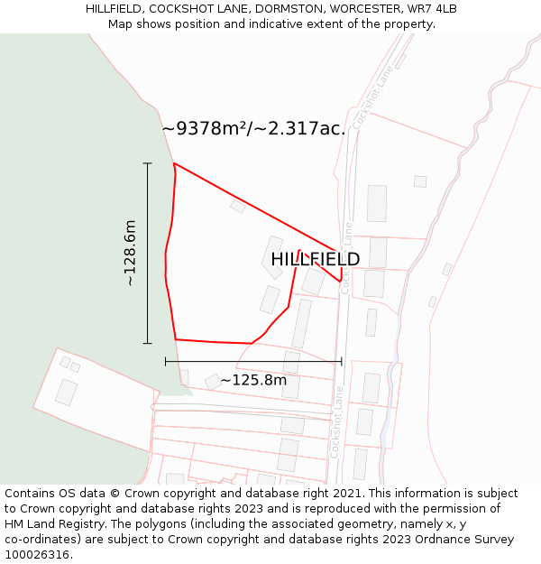 HILLFIELD, COCKSHOT LANE, DORMSTON, WORCESTER, WR7 4LB: Plot and title map