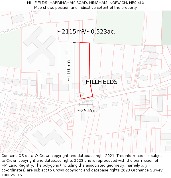HILLFIELDS, HARDINGHAM ROAD, HINGHAM, NORWICH, NR9 4LX: Plot and title map