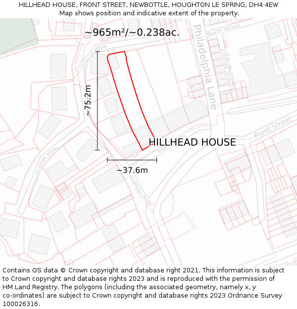 HILLHEAD HOUSE, FRONT STREET, NEWBOTTLE, HOUGHTON LE SPRING, DH4 4EW: Plot and title map