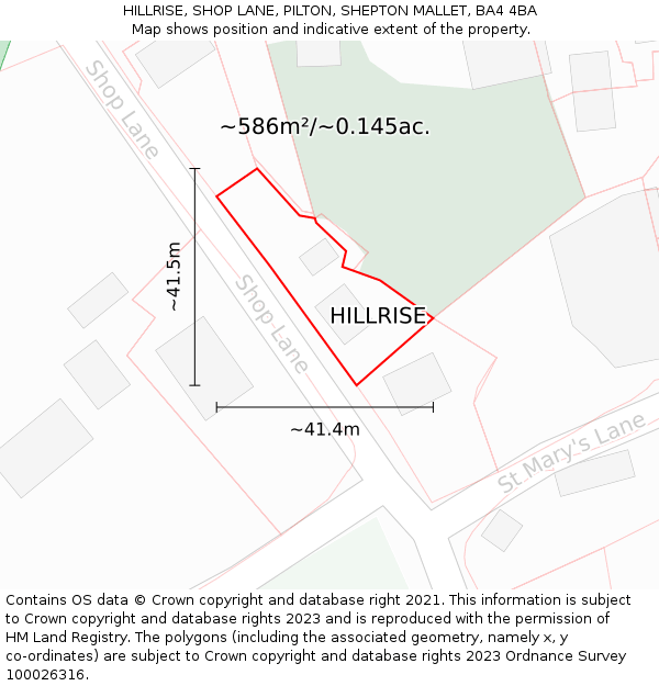 HILLRISE, SHOP LANE, PILTON, SHEPTON MALLET, BA4 4BA: Plot and title map