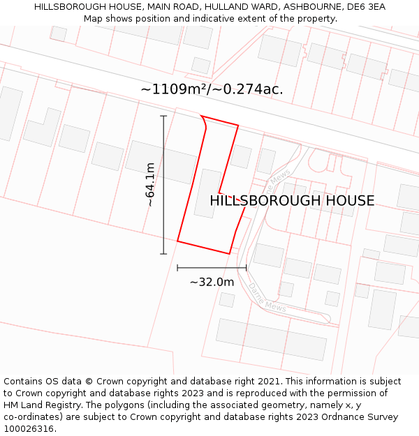 HILLSBOROUGH HOUSE, MAIN ROAD, HULLAND WARD, ASHBOURNE, DE6 3EA: Plot and title map