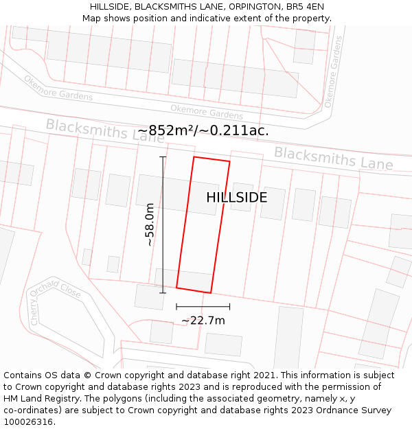 HILLSIDE, BLACKSMITHS LANE, ORPINGTON, BR5 4EN: Plot and title map