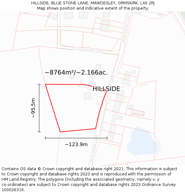 HILLSIDE, BLUE STONE LANE, MAWDESLEY, ORMSKIRK, L40 2RJ: Plot and title map