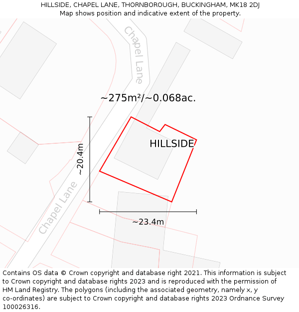HILLSIDE, CHAPEL LANE, THORNBOROUGH, BUCKINGHAM, MK18 2DJ: Plot and title map