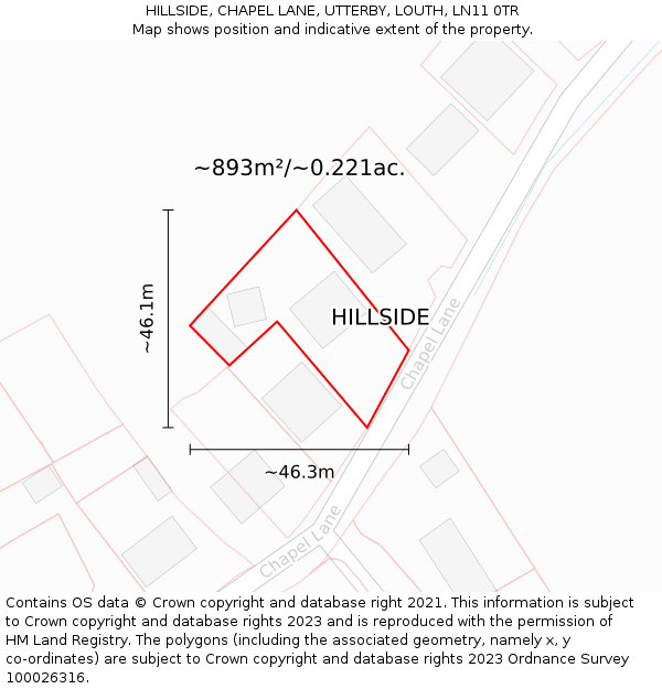 HILLSIDE, CHAPEL LANE, UTTERBY, LOUTH, LN11 0TR: Plot and title map