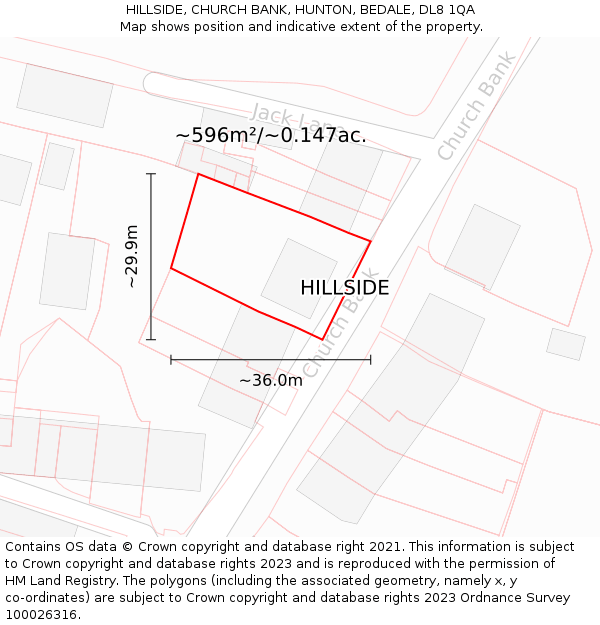 HILLSIDE, CHURCH BANK, HUNTON, BEDALE, DL8 1QA: Plot and title map