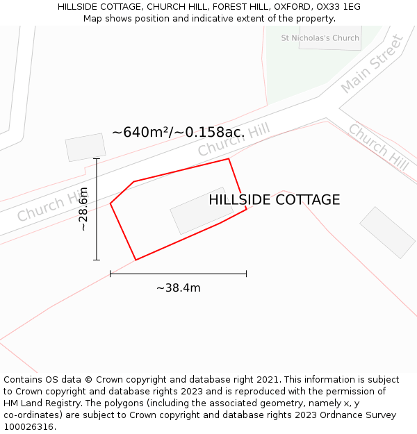 HILLSIDE COTTAGE, CHURCH HILL, FOREST HILL, OXFORD, OX33 1EG: Plot and title map
