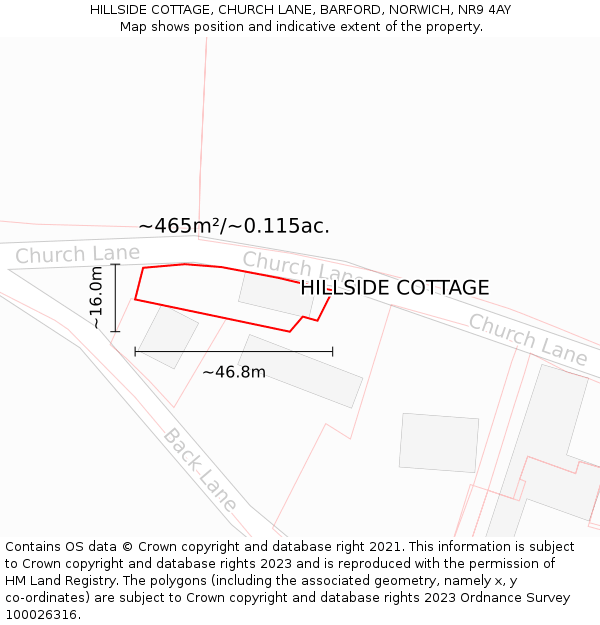 HILLSIDE COTTAGE, CHURCH LANE, BARFORD, NORWICH, NR9 4AY: Plot and title map