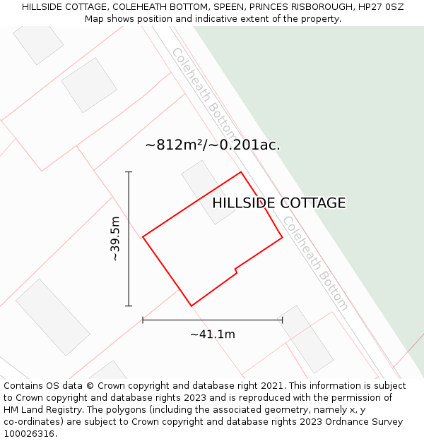 HILLSIDE COTTAGE, COLEHEATH BOTTOM, SPEEN, PRINCES RISBOROUGH, HP27 0SZ: Plot and title map