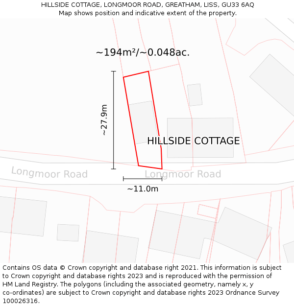 HILLSIDE COTTAGE, LONGMOOR ROAD, GREATHAM, LISS, GU33 6AQ: Plot and title map