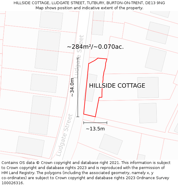 HILLSIDE COTTAGE, LUDGATE STREET, TUTBURY, BURTON-ON-TRENT, DE13 9NG: Plot and title map