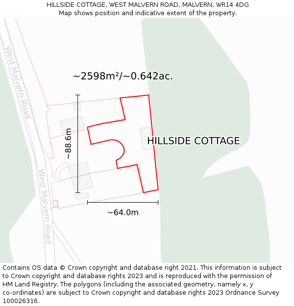 HILLSIDE COTTAGE, WEST MALVERN ROAD, MALVERN, WR14 4DG: Plot and title map