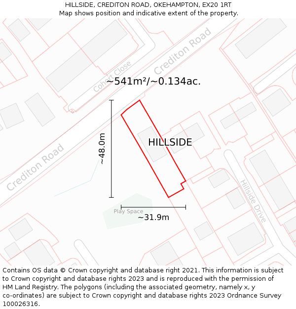HILLSIDE, CREDITON ROAD, OKEHAMPTON, EX20 1RT: Plot and title map