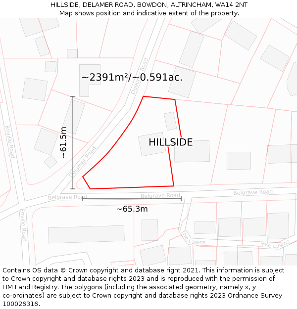 HILLSIDE, DELAMER ROAD, BOWDON, ALTRINCHAM, WA14 2NT: Plot and title map