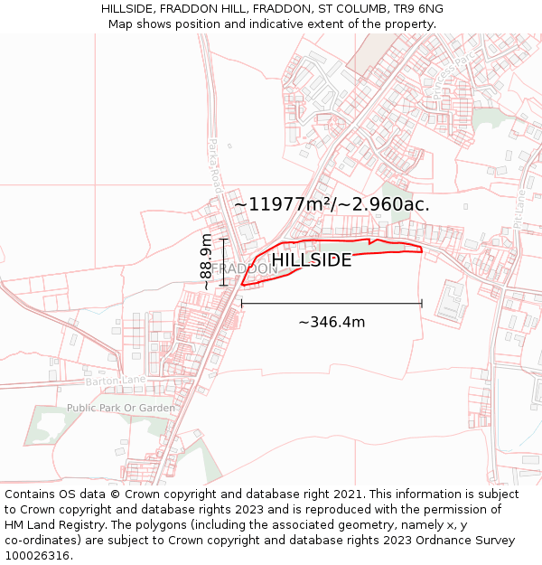 HILLSIDE, FRADDON HILL, FRADDON, ST COLUMB, TR9 6NG: Plot and title map