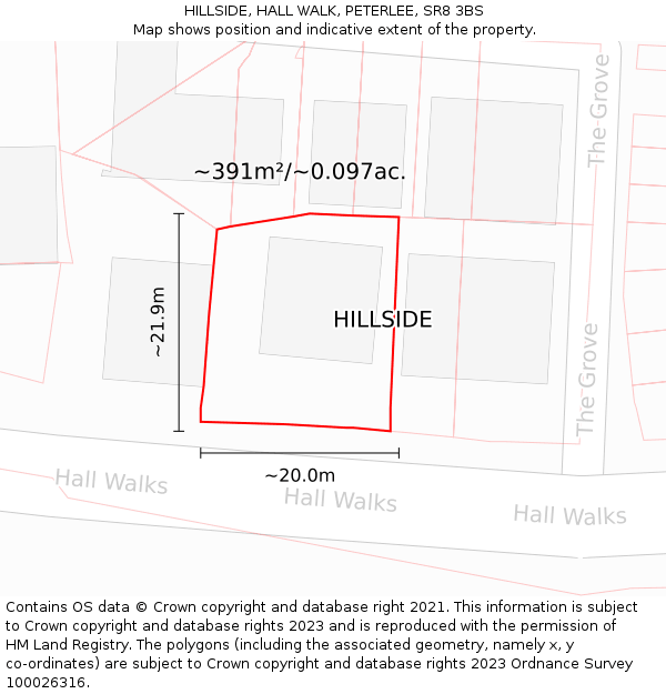 HILLSIDE, HALL WALK, PETERLEE, SR8 3BS: Plot and title map