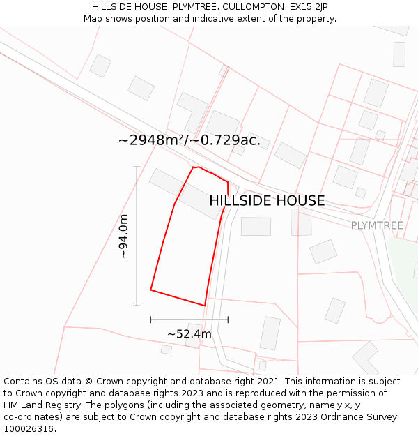 HILLSIDE HOUSE, PLYMTREE, CULLOMPTON, EX15 2JP: Plot and title map