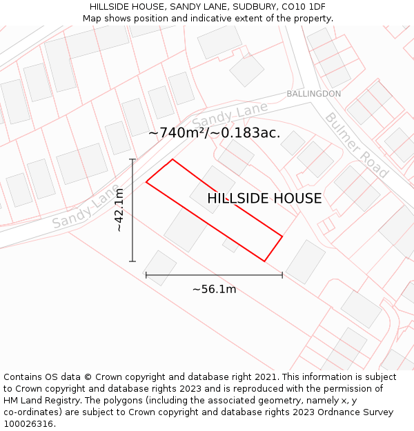 HILLSIDE HOUSE, SANDY LANE, SUDBURY, CO10 1DF: Plot and title map