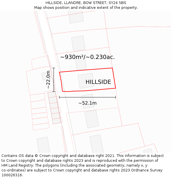 HILLSIDE, LLANDRE, BOW STREET, SY24 5BS: Plot and title map