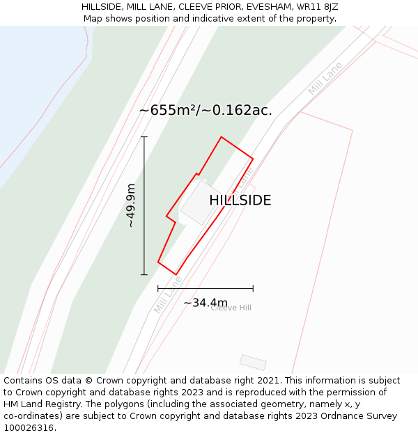 HILLSIDE, MILL LANE, CLEEVE PRIOR, EVESHAM, WR11 8JZ: Plot and title map