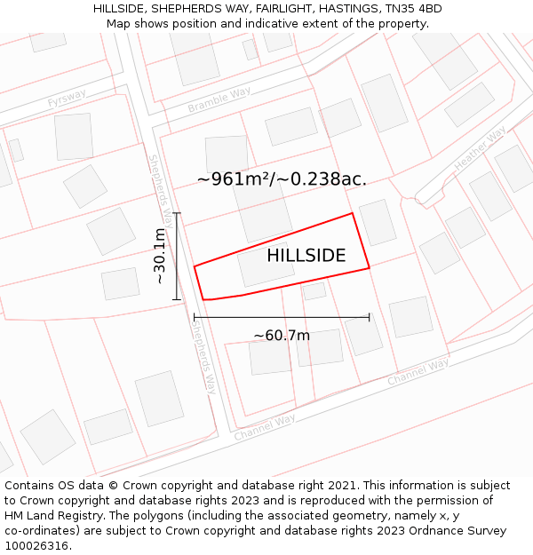 HILLSIDE, SHEPHERDS WAY, FAIRLIGHT, HASTINGS, TN35 4BD: Plot and title map