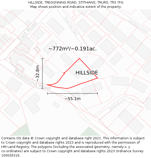 HILLSIDE, TREGONNING ROAD, STITHIANS, TRURO, TR3 7FG: Plot and title map