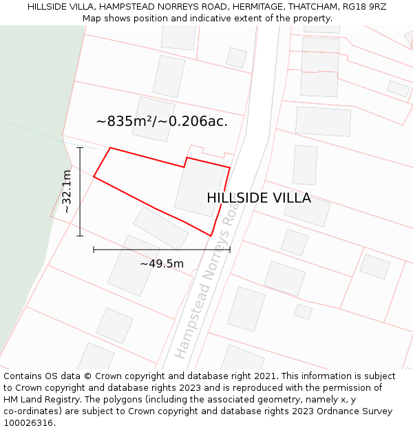 HILLSIDE VILLA, HAMPSTEAD NORREYS ROAD, HERMITAGE, THATCHAM, RG18 9RZ: Plot and title map