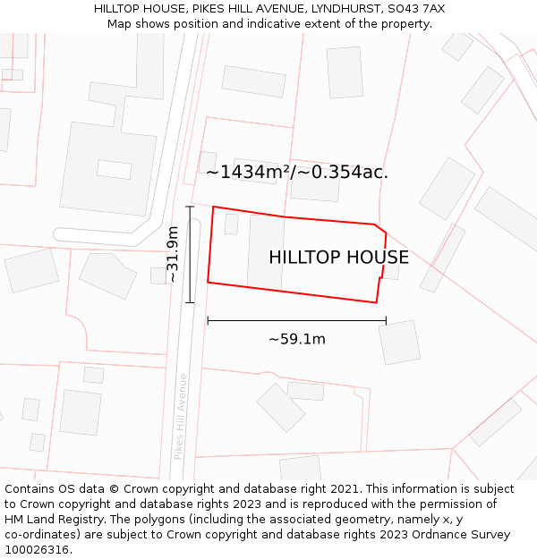 HILLTOP HOUSE, PIKES HILL AVENUE, LYNDHURST, SO43 7AX: Plot and title map
