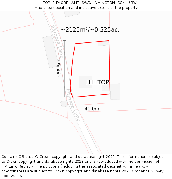 HILLTOP, PITMORE LANE, SWAY, LYMINGTON, SO41 6BW: Plot and title map