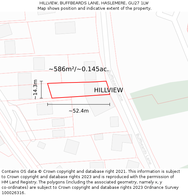 HILLVIEW, BUFFBEARDS LANE, HASLEMERE, GU27 1LW: Plot and title map