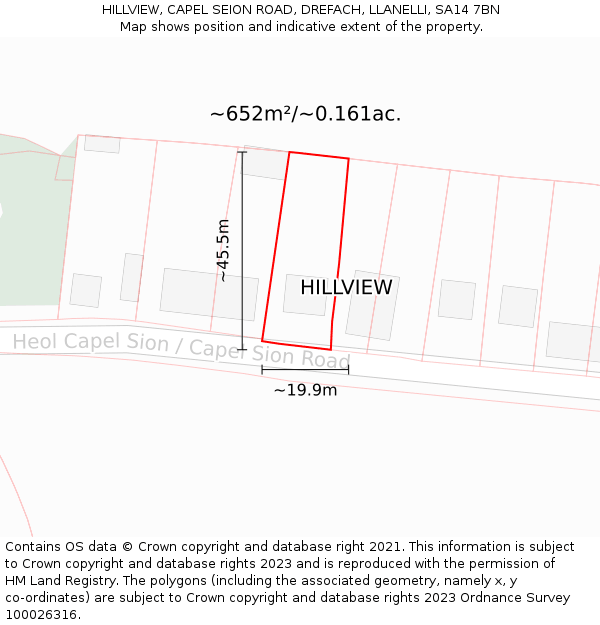HILLVIEW, CAPEL SEION ROAD, DREFACH, LLANELLI, SA14 7BN: Plot and title map