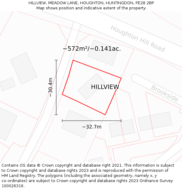 HILLVIEW, MEADOW LANE, HOUGHTON, HUNTINGDON, PE28 2BP: Plot and title map