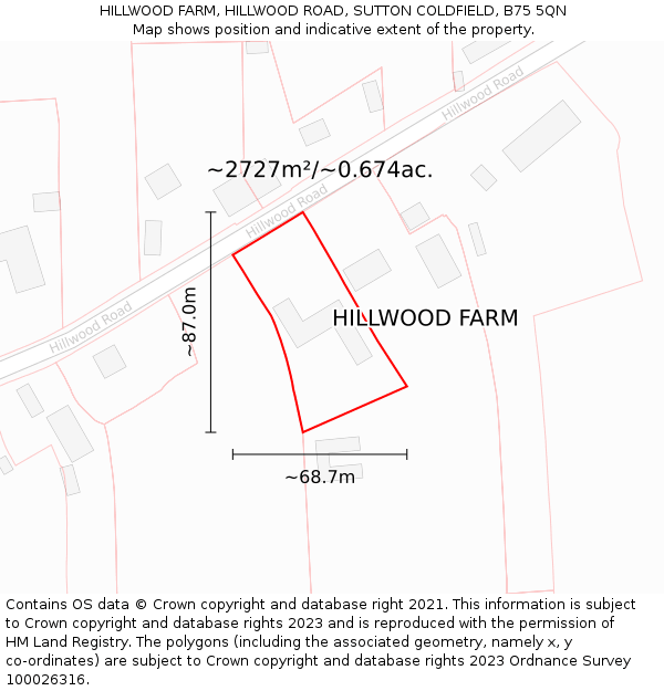HILLWOOD FARM, HILLWOOD ROAD, SUTTON COLDFIELD, B75 5QN: Plot and title map