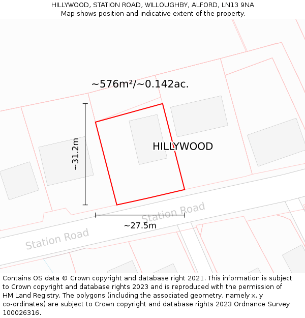HILLYWOOD, STATION ROAD, WILLOUGHBY, ALFORD, LN13 9NA: Plot and title map