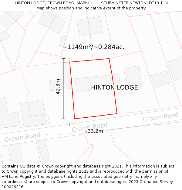 HINTON LODGE, CROWN ROAD, MARNHULL, STURMINSTER NEWTON, DT10 1LN: Plot and title map