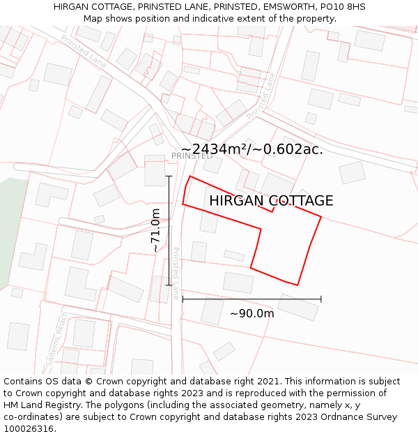 HIRGAN COTTAGE, PRINSTED LANE, PRINSTED, EMSWORTH, PO10 8HS: Plot and title map