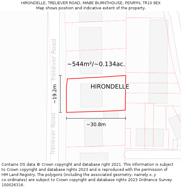 HIRONDELLE, TRELIEVER ROAD, MABE BURNTHOUSE, PENRYN, TR10 9EX: Plot and title map