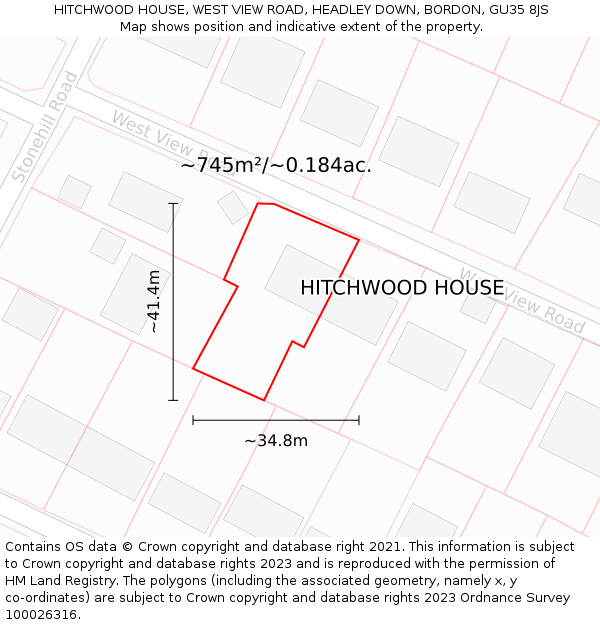 HITCHWOOD HOUSE, WEST VIEW ROAD, HEADLEY DOWN, BORDON, GU35 8JS: Plot and title map