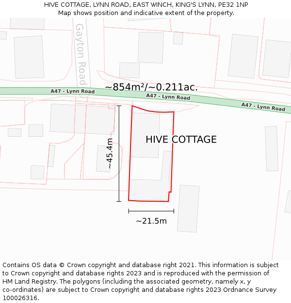 HIVE COTTAGE, LYNN ROAD, EAST WINCH, KING'S LYNN, PE32 1NP: Plot and title map